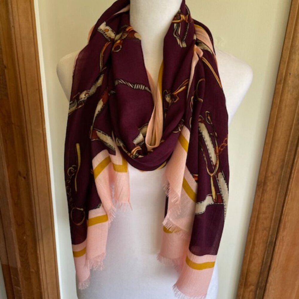 Talbots Mulberry Pink Printed Frayed Oblong Scarf Modal Equestrian Print